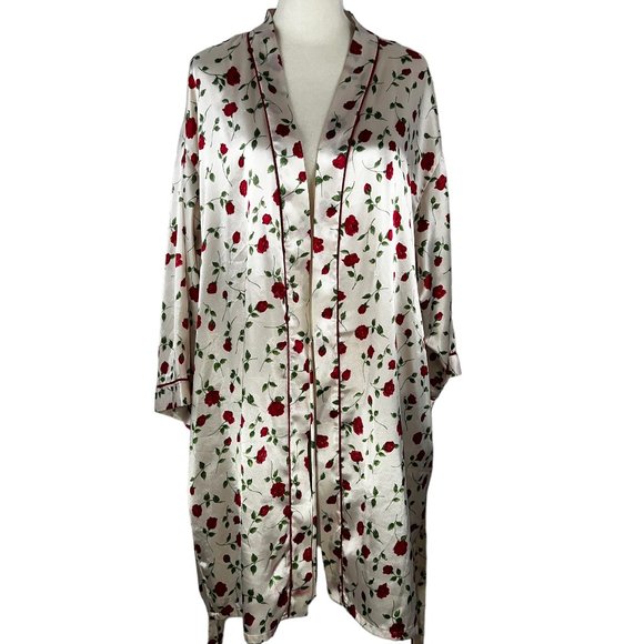 Like new JOSIE NATORI Kimono Style Cream Satin-Like Red Rose Print Robe … - Picture 6 of 11